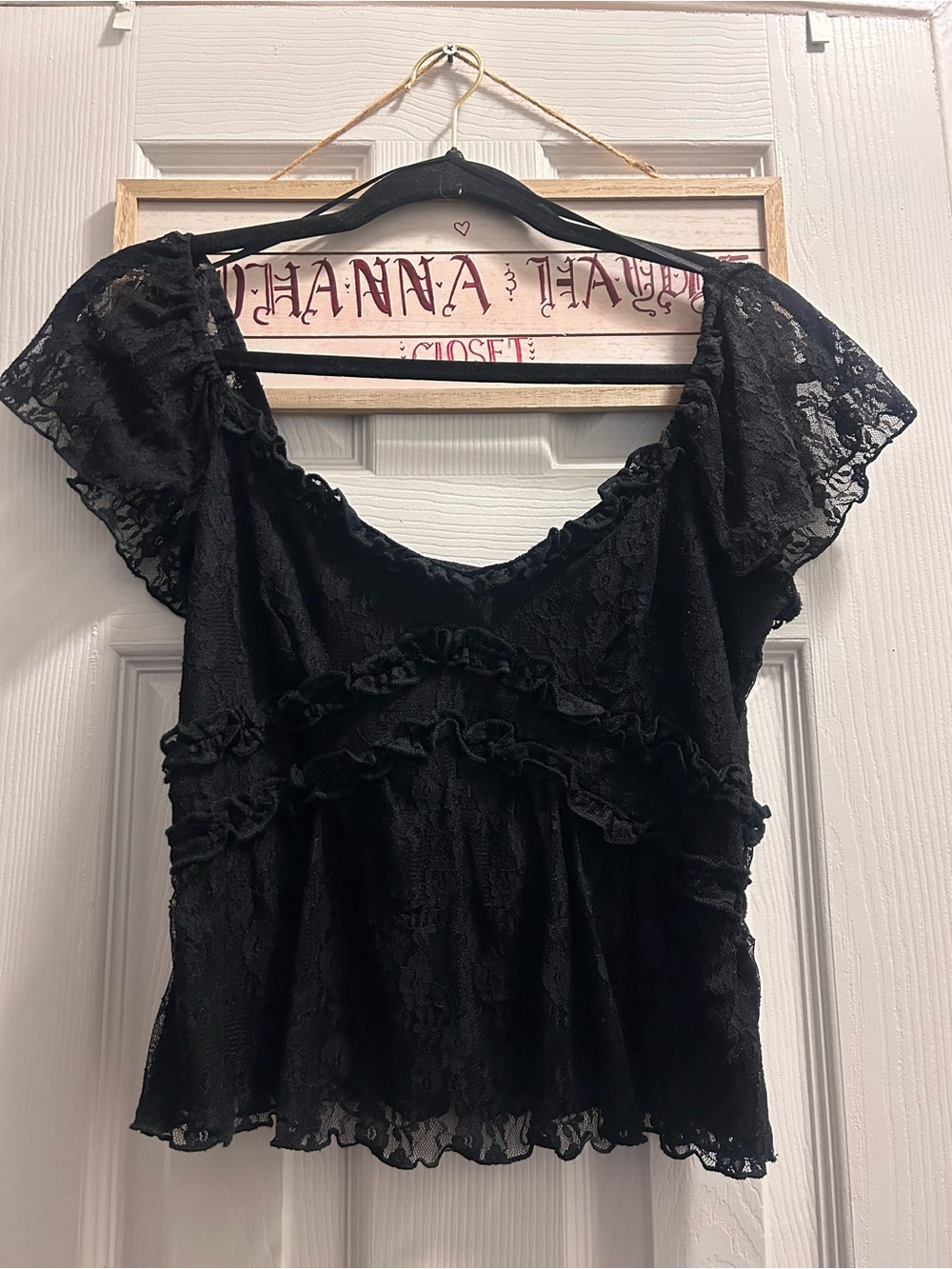 Black Lace Ruffle Peasant Top - Women